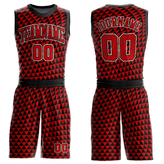 Custom Red Black-White Triangle Shapes Round Neck Sublimation Basketball Uniform Jersey - Main View