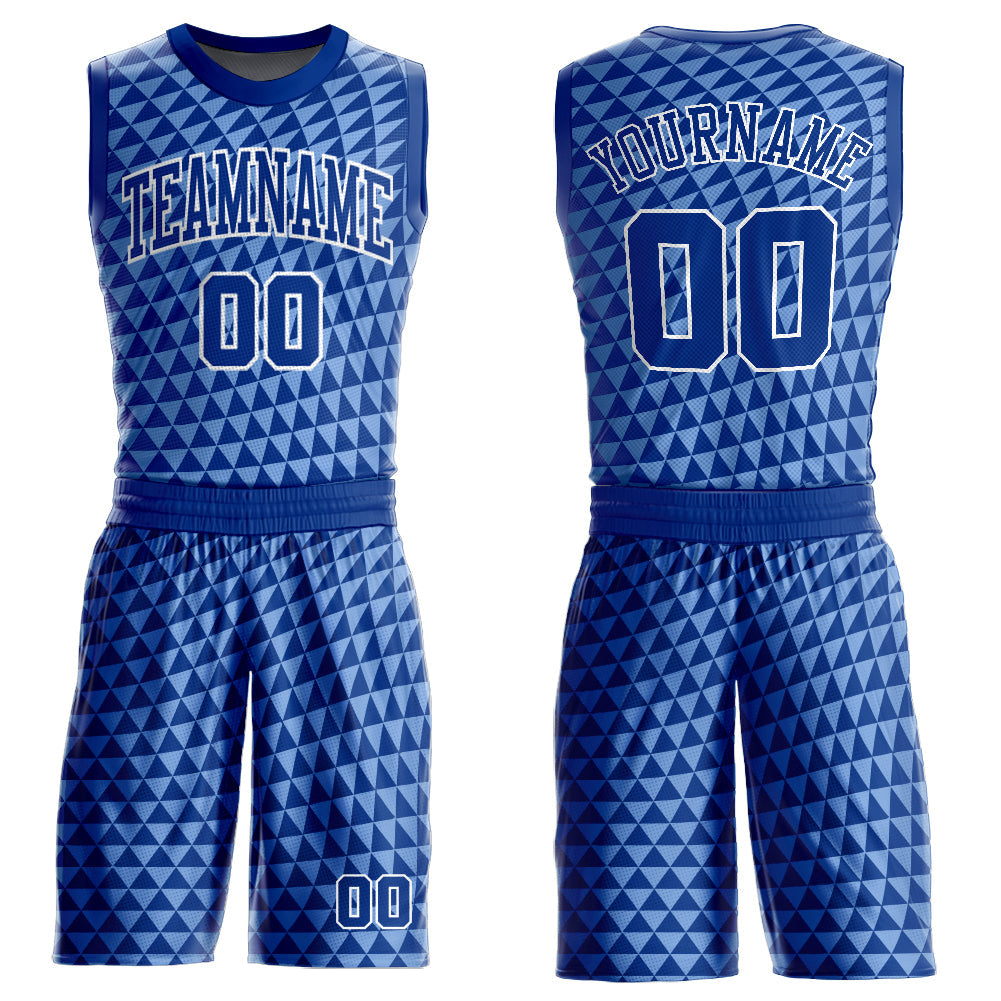 Custom Light Blue Royal-White Triangle Shapes Round Neck Sublimation Basketball Uniform Jersey - Main View
