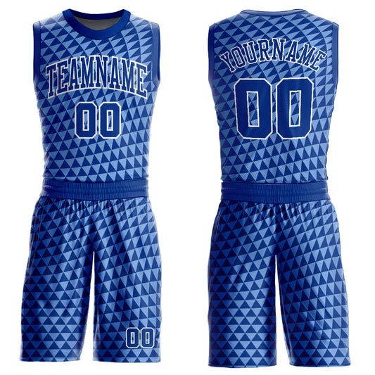 Custom Light Blue Royal-White Triangle Shapes Round Neck Sublimation Basketball Uniform Jersey - Main View