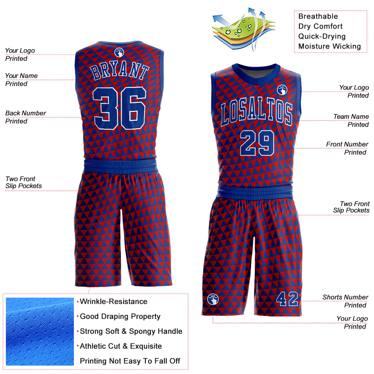 Custom Red Royal-White Triangle Shapes Round Neck Sublimation Basketball Uniform Jersey view 2