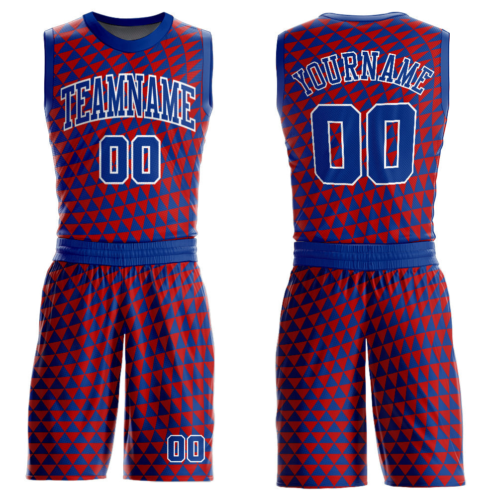 Custom Red Royal-White Triangle Shapes Round Neck Sublimation Basketball Uniform Jersey - Main View