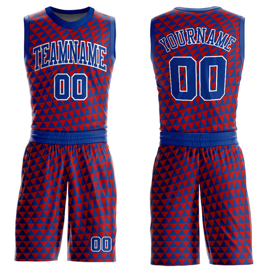 Custom Red Royal-White Triangle Shapes Round Neck Sublimation Basketball Uniform Jersey - Main View
