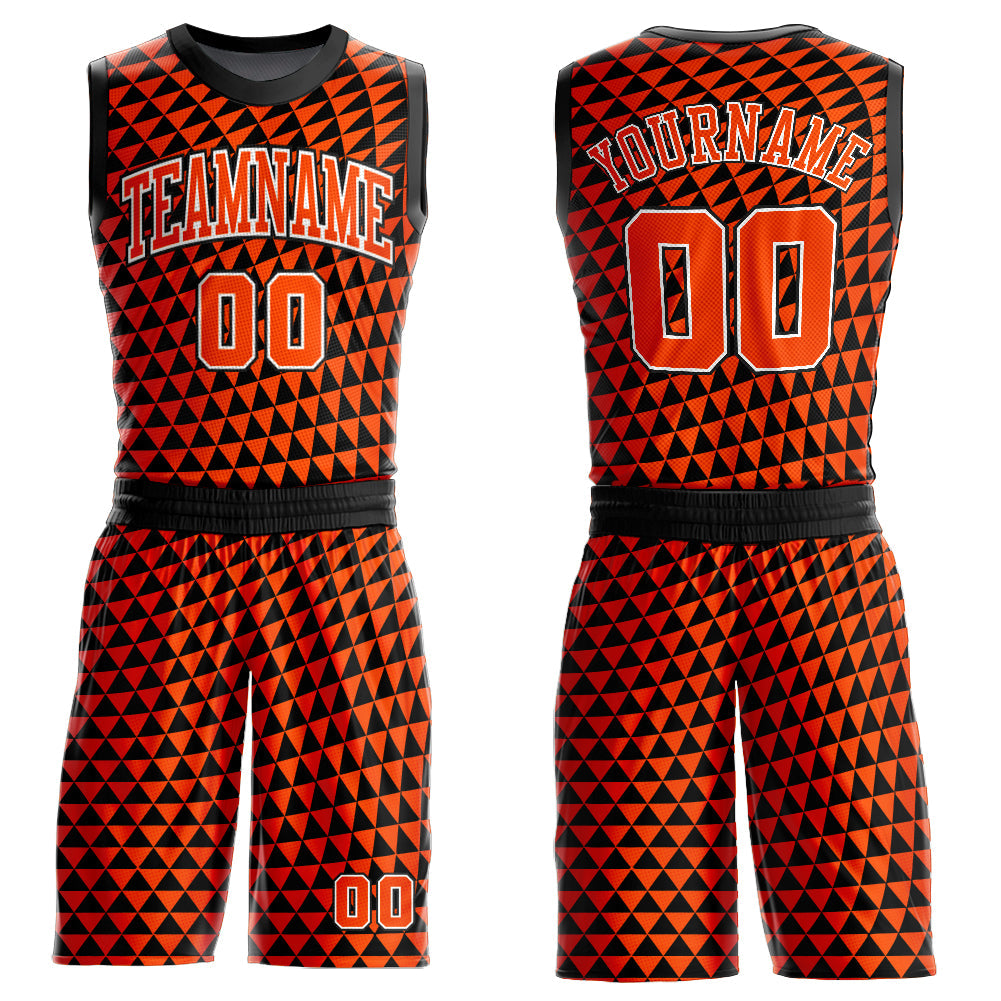 Custom Orange White-Black Triangle Shapes Round Neck Sublimation Basketball Uniform Jersey - Main View