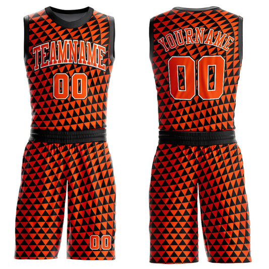 Custom Orange White-Black Triangle Shapes Round Neck Sublimation Basketball Uniform Jersey - Main View