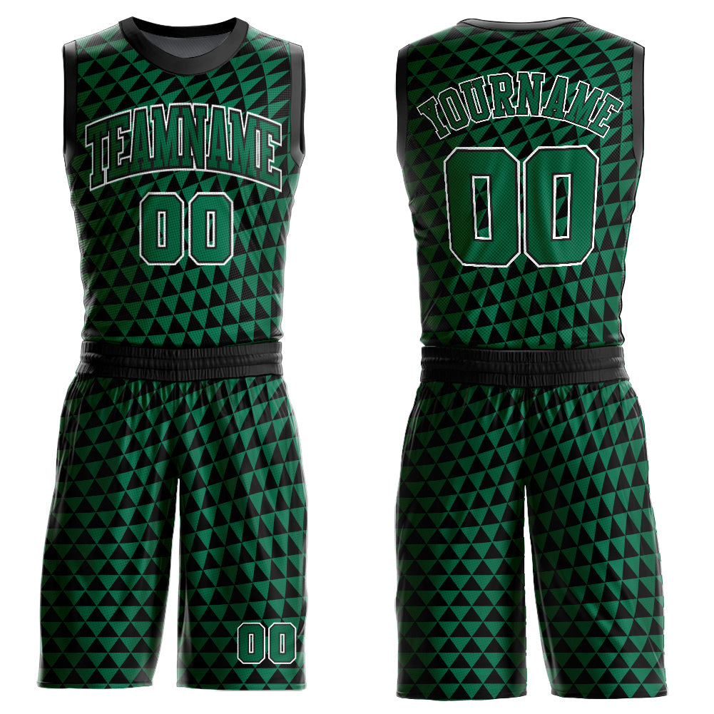 Custom Kelly Green White-Black Triangle Shapes Round Neck Sublimation Basketball Uniform Jersey - Main View