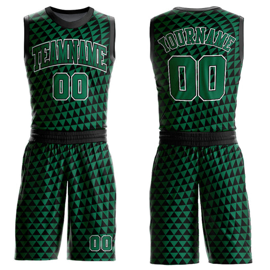 Custom Kelly Green White-Black Triangle Shapes Round Neck Sublimation Basketball Uniform Jersey - Main View
