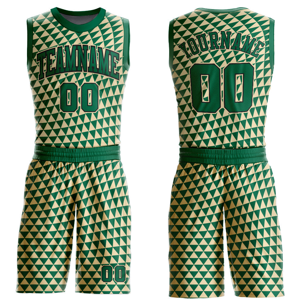 Custom Cream Kelly Green-Black Triangle Shapes Round Neck Sublimation Basketball Uniform Jersey - Main View