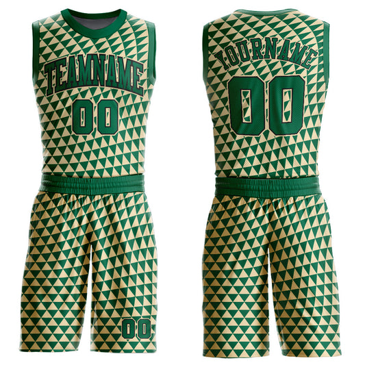 Custom Cream Kelly Green-Black Triangle Shapes Round Neck Sublimation Basketball Uniform Jersey - Main View
