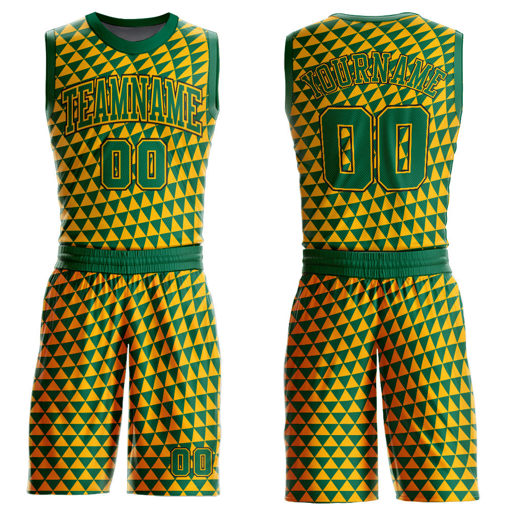 Custom Gold Kelly Green-Black Triangle Shapes Round Neck Sublimation Basketball Uniform Jersey - Main View