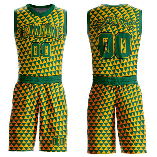 Custom Gold Kelly Green-Black Triangle Shapes Round Neck Sublimation Basketball Uniform Jersey - Main View
