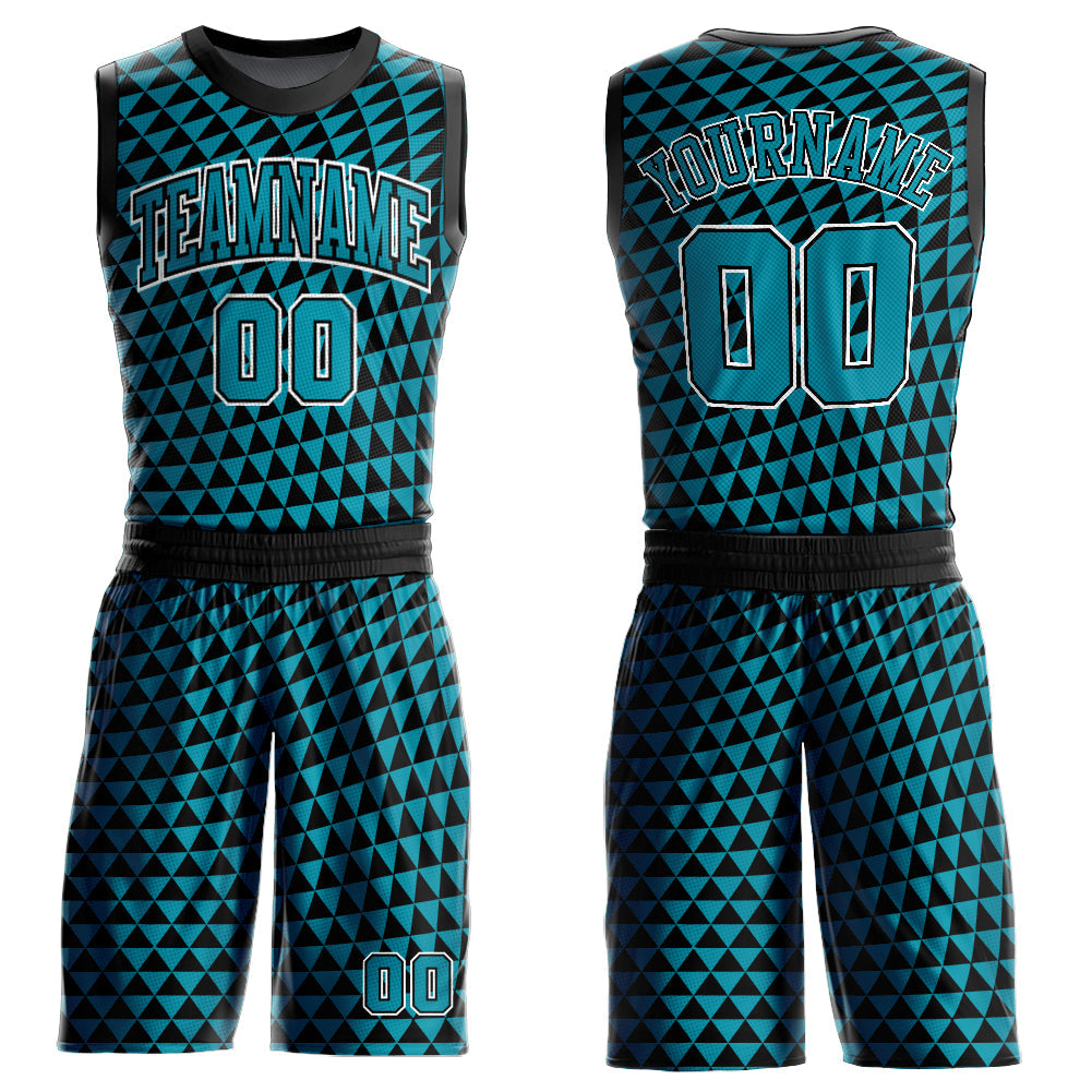 Custom Teal Black-White Triangle Shapes Round Neck Sublimation Basketball Uniform Jersey - Main View