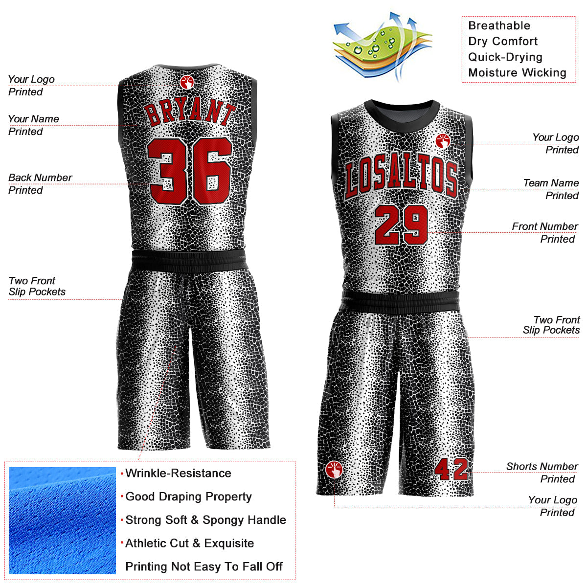 Custom Black Red-White Animal Fur Print Round Neck Sublimation Basketball Uniform Jersey view 2
