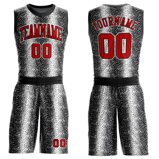 Custom Black Red-White Animal Fur Print Round Neck Sublimation Basketball Uniform Jersey - Main View