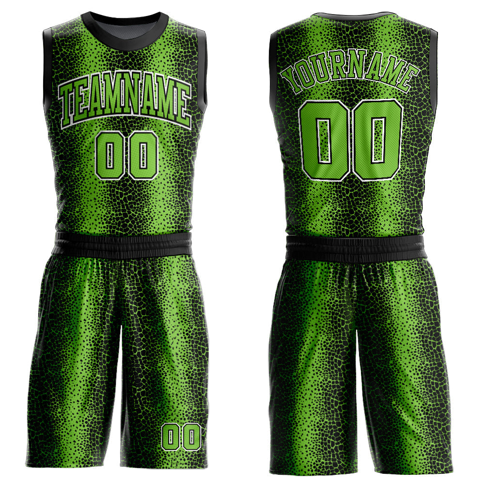 Custom Black Neon Green-White Animal Fur Print Round Neck Sublimation Basketball Uniform Jersey - Main View