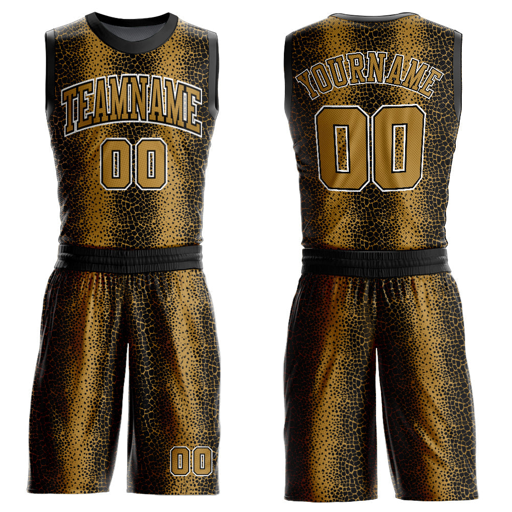 Custom Black Old Gold-White Animal Fur Print Round Neck Sublimation Basketball Uniform Jersey - Main View
