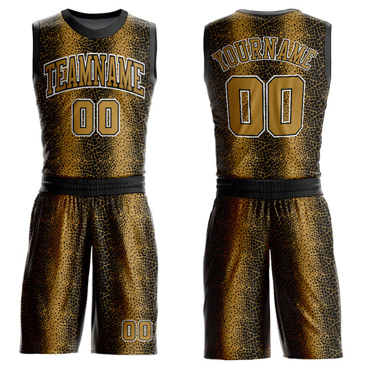 Custom Black Old Gold-White Animal Fur Print Round Neck Sublimation Basketball Uniform Jersey - Main View
