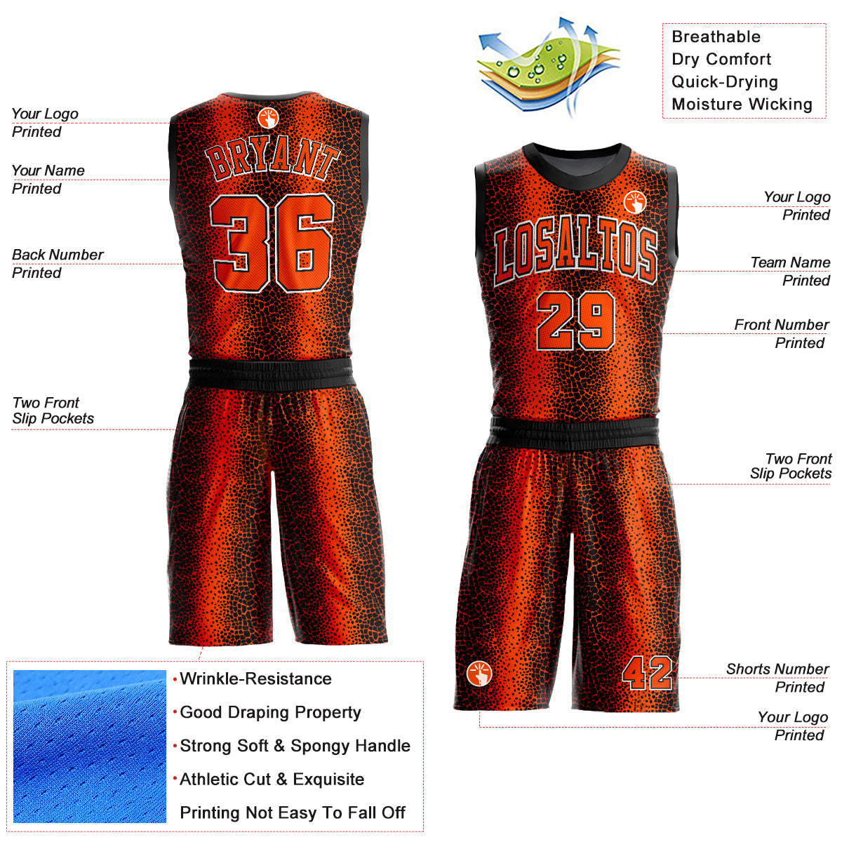 Custom Black Orange-White Animal Fur Print Round Neck Sublimation Basketball Uniform Jersey view 2