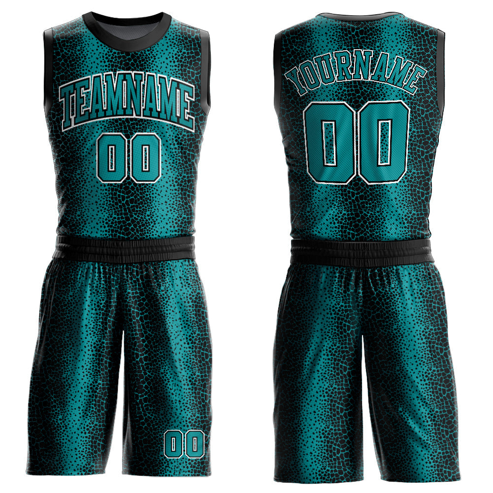Custom Black Teal-White Animal Fur Print Round Neck Sublimation Basketball Uniform Jersey - Main View