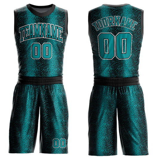 Custom Black Teal-White Animal Fur Print Round Neck Sublimation Basketball Uniform Jersey - Main View