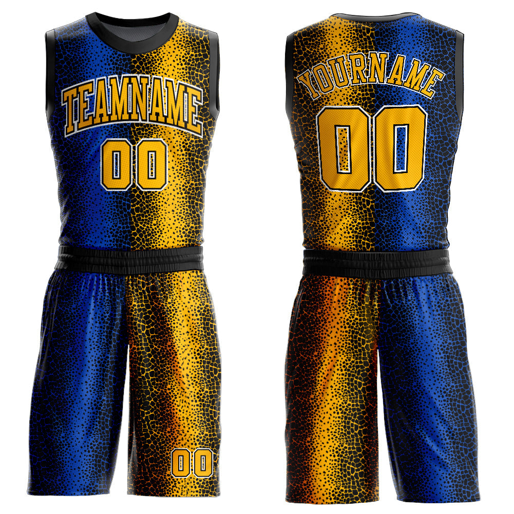 Custom Black Gold-Royal Animal Fur Print Round Neck Sublimation Basketball Uniform Jersey - Main View
