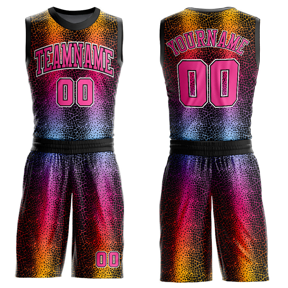 Custom Black Pink-Gold Animal Fur Print Round Neck Sublimation Basketball Uniform Jersey - Main View