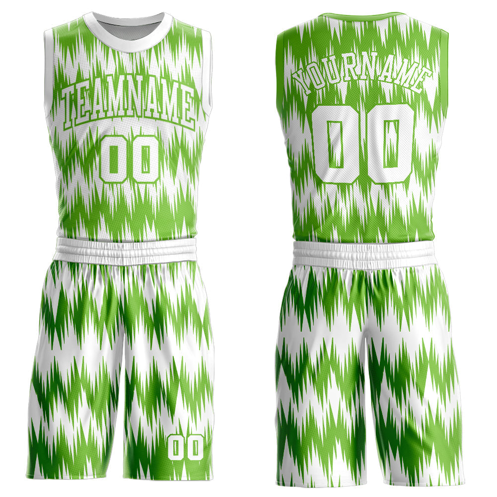 Custom White Neon Green Round Neck Sublimation Basketball Uniform Jersey - Main View