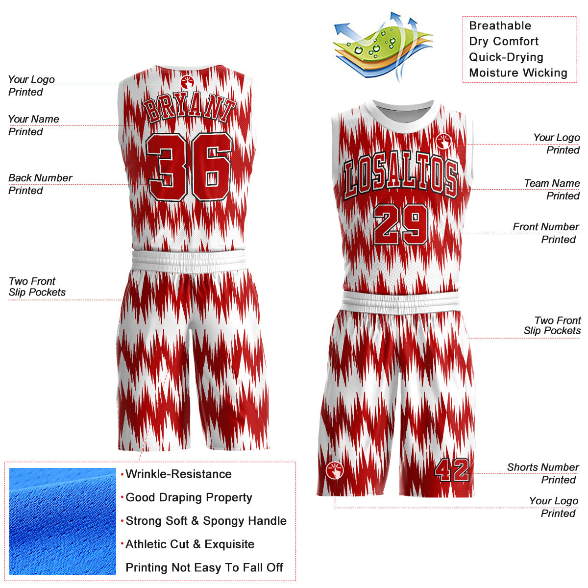 Custom White Red-Black Round Neck Sublimation Basketball Uniform Jersey view 2