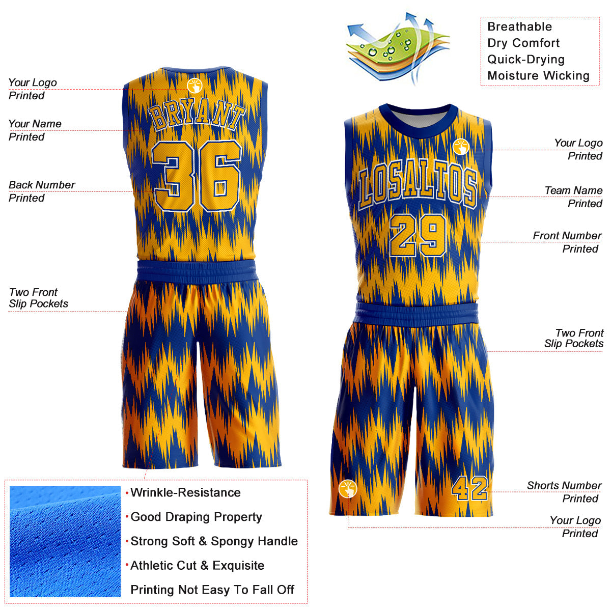 Custom Royal Gold-White Round Neck Sublimation Basketball Uniform Jersey view 2