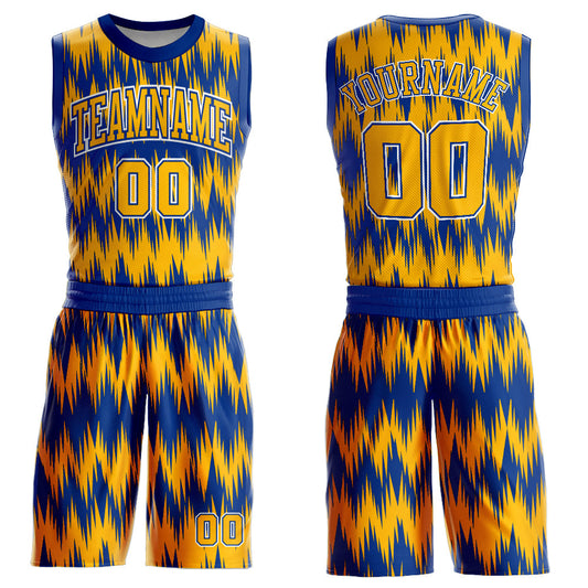Custom Royal Gold-White Round Neck Sublimation Basketball Uniform Jersey - Main View