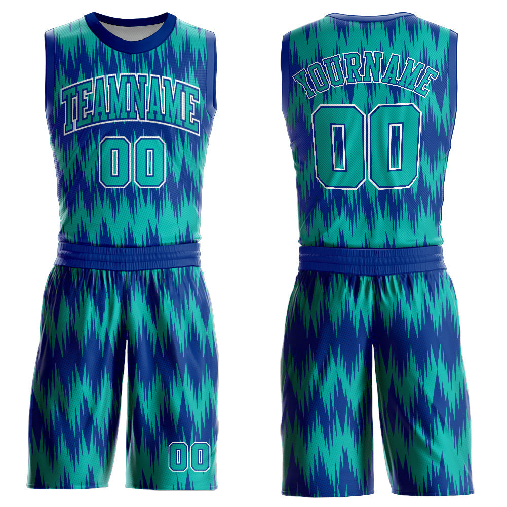 Custom Royal Aqua-White Round Neck Sublimation Basketball Uniform Jersey - Main View
