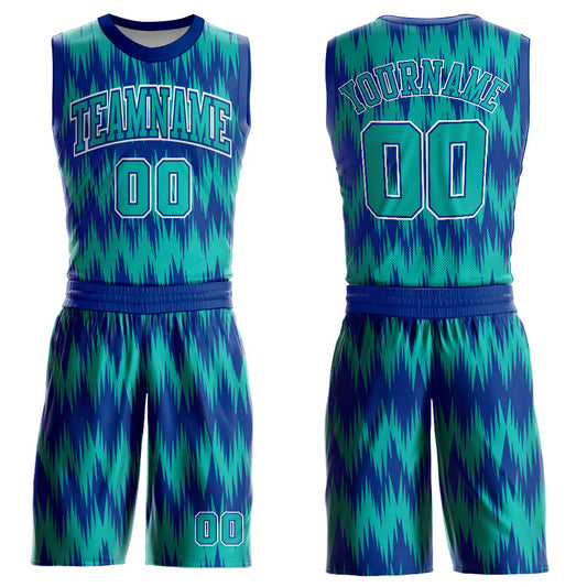 Custom Royal Aqua-White Round Neck Sublimation Basketball Uniform Jersey - Main View