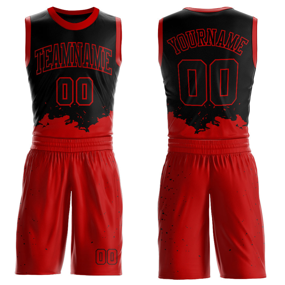 Custom Black Red Color Splash Round Neck Sublimation Basketball Uniform Jersey - Main View