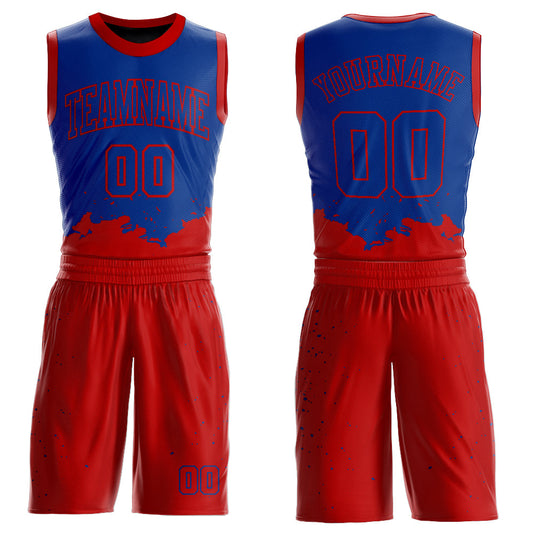 Custom Royal Red Color Splash Round Neck Sublimation Basketball Uniform Jersey - Main View