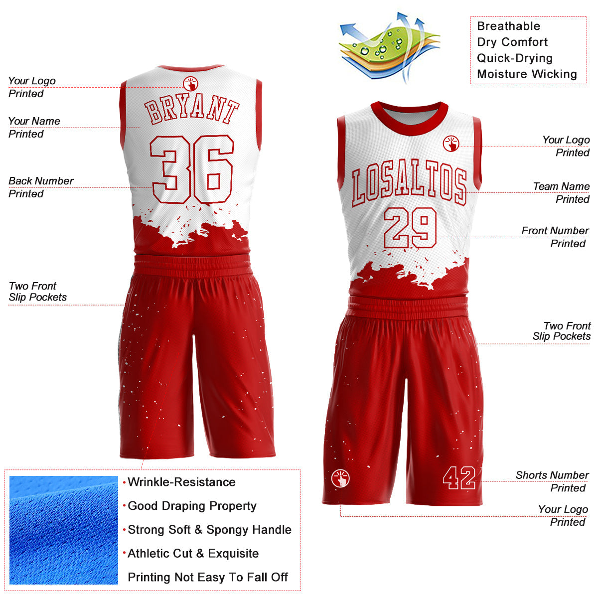 Custom White Red Color Splash Round Neck Sublimation Basketball Uniform Jersey view 2