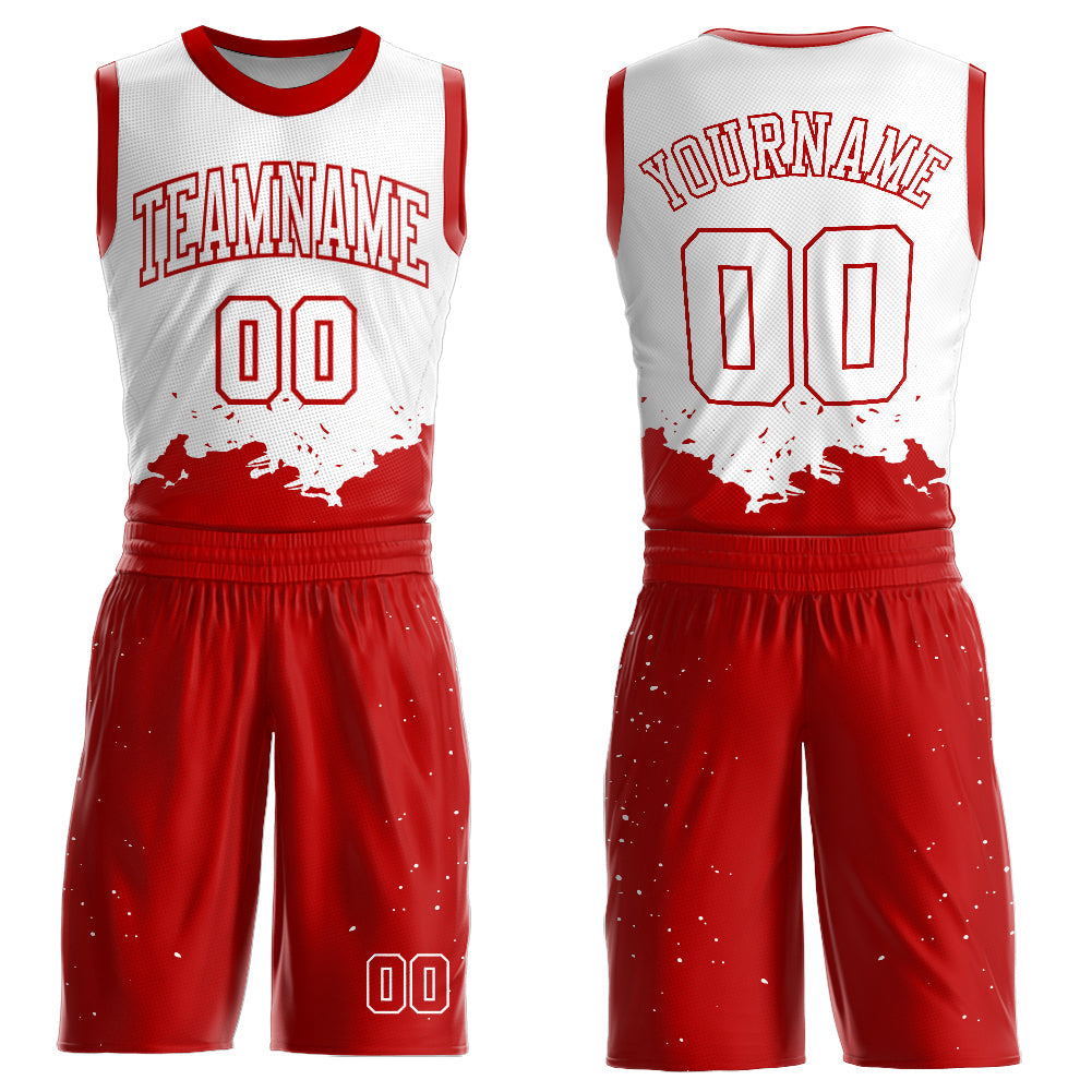 Custom White Red Color Splash Round Neck Sublimation Basketball Uniform Jersey - Main View