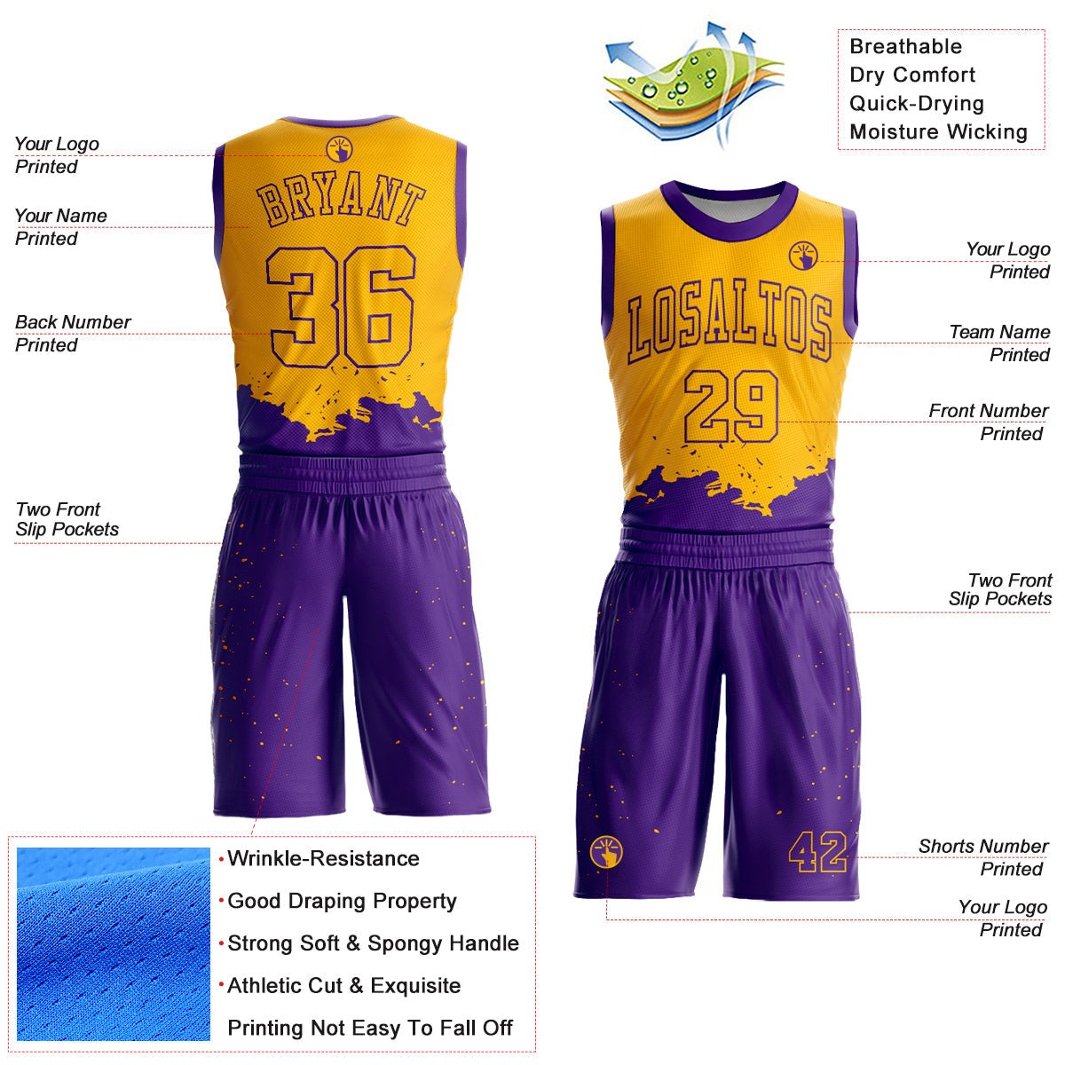 Custom Gold Purple Color Splash Round Neck Sublimation Basketball Uniform Jersey view 2