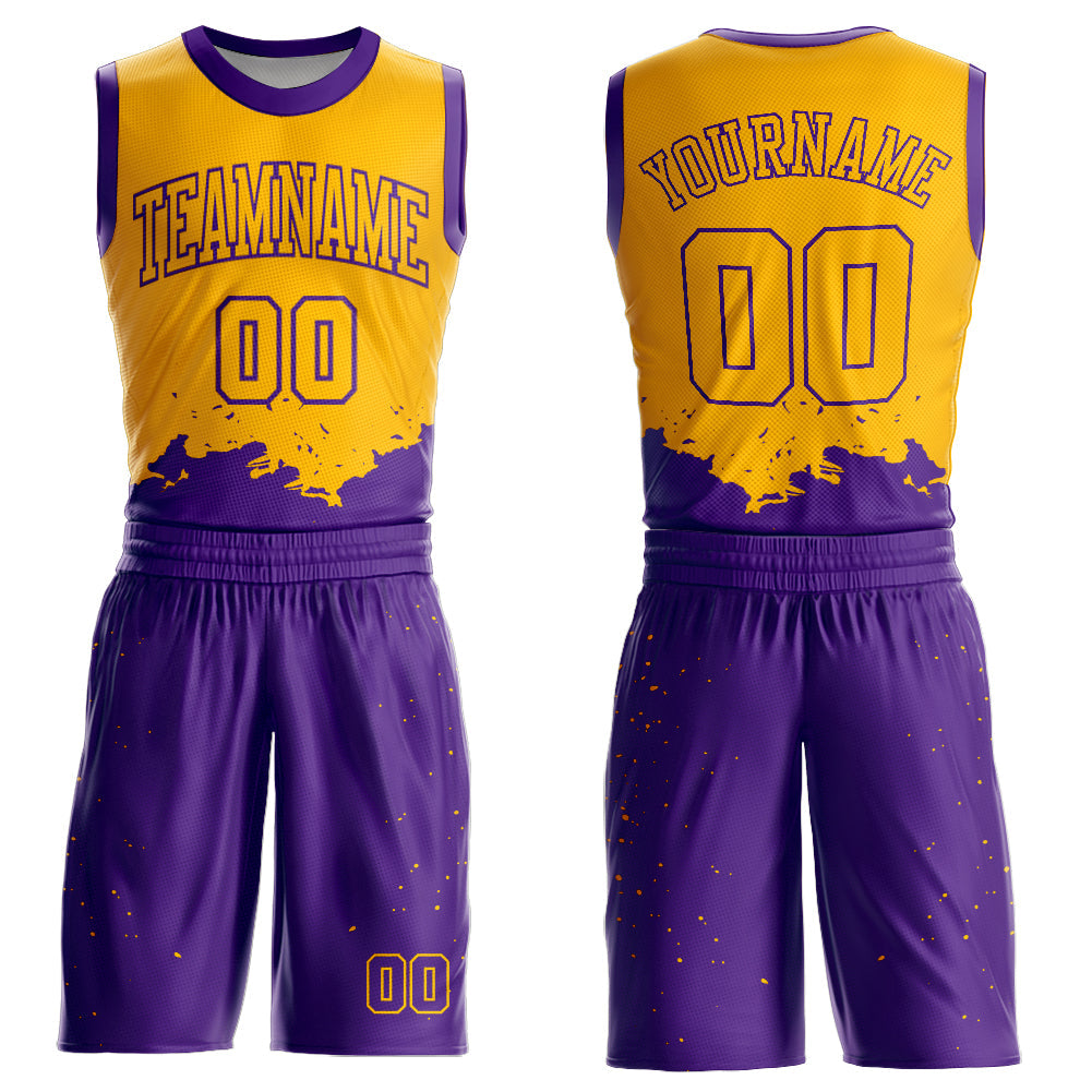 Custom Gold Purple Color Splash Round Neck Sublimation Basketball Uniform Jersey - Main View