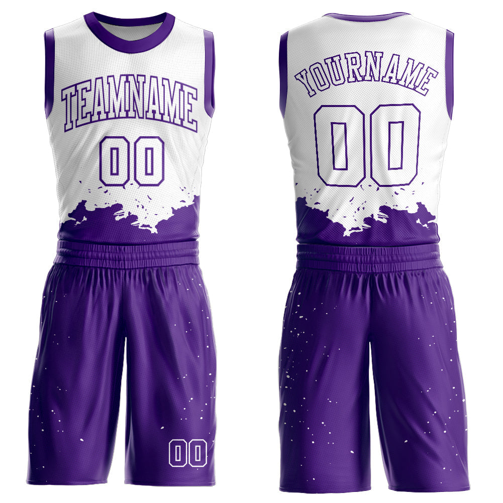 Custom White Purple Color Splash Round Neck Sublimation Basketball Uniform Jersey - Main View