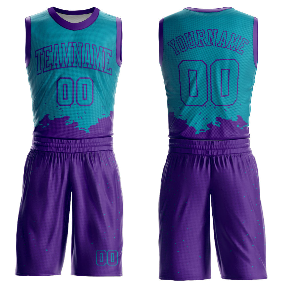 Custom Teal Purple Color Splash Round Neck Sublimation Basketball Uniform Jersey - Main View