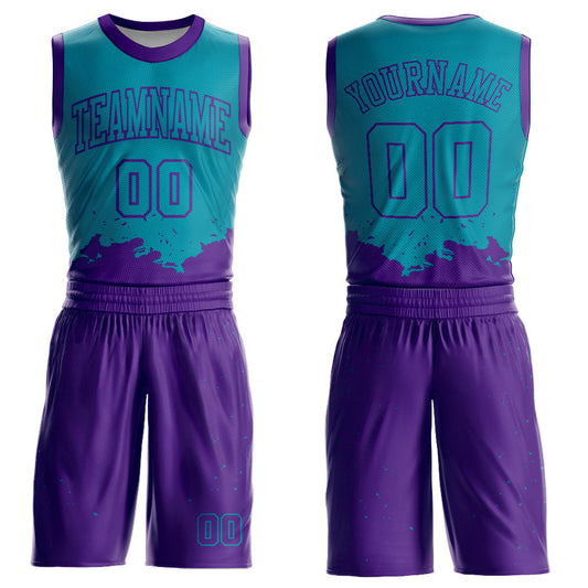 Custom Teal Purple Color Splash Round Neck Sublimation Basketball Uniform Jersey - Main View