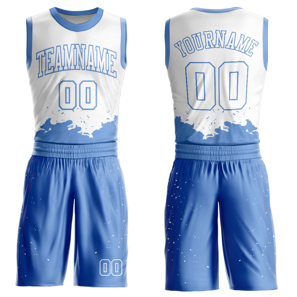 Custom White Light Blue Color Splash Round Neck Sublimation Basketball Uniform Jersey - Main View