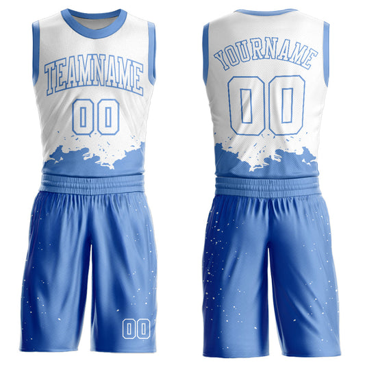 Custom White Light Blue Color Splash Round Neck Sublimation Basketball Uniform Jersey - Main View