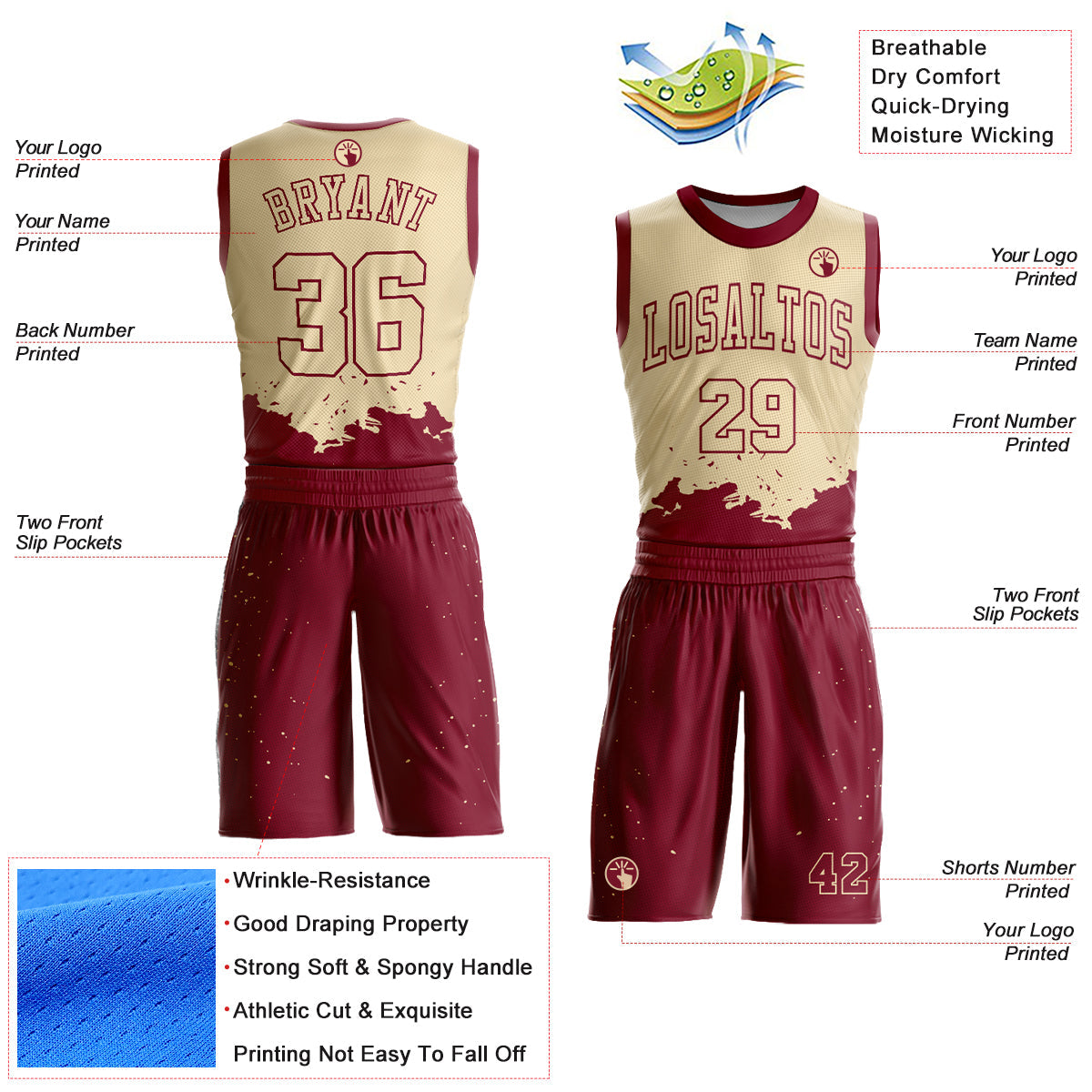 Custom Cream Maroon Color Splash Round Neck Sublimation Basketball Uniform Jersey view 2
