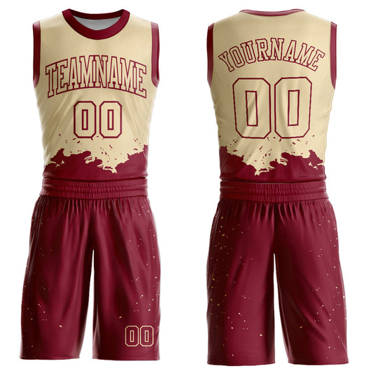 Custom Cream Maroon Color Splash Round Neck Sublimation Basketball Uniform Jersey - Main View