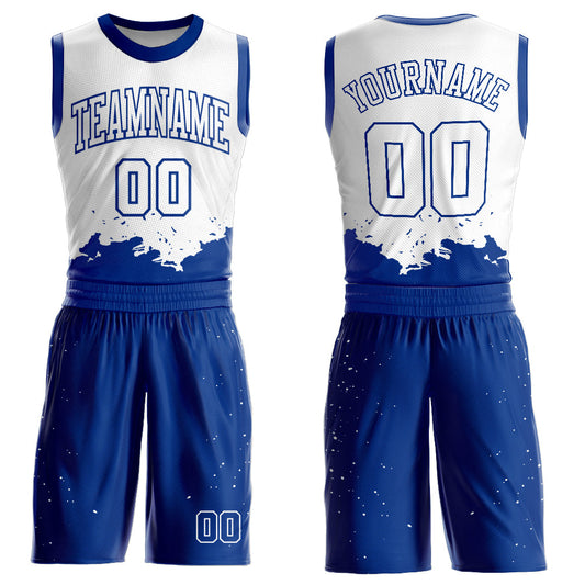 Custom White Royal Color Splash Round Neck Sublimation Basketball Uniform Jersey - Main View