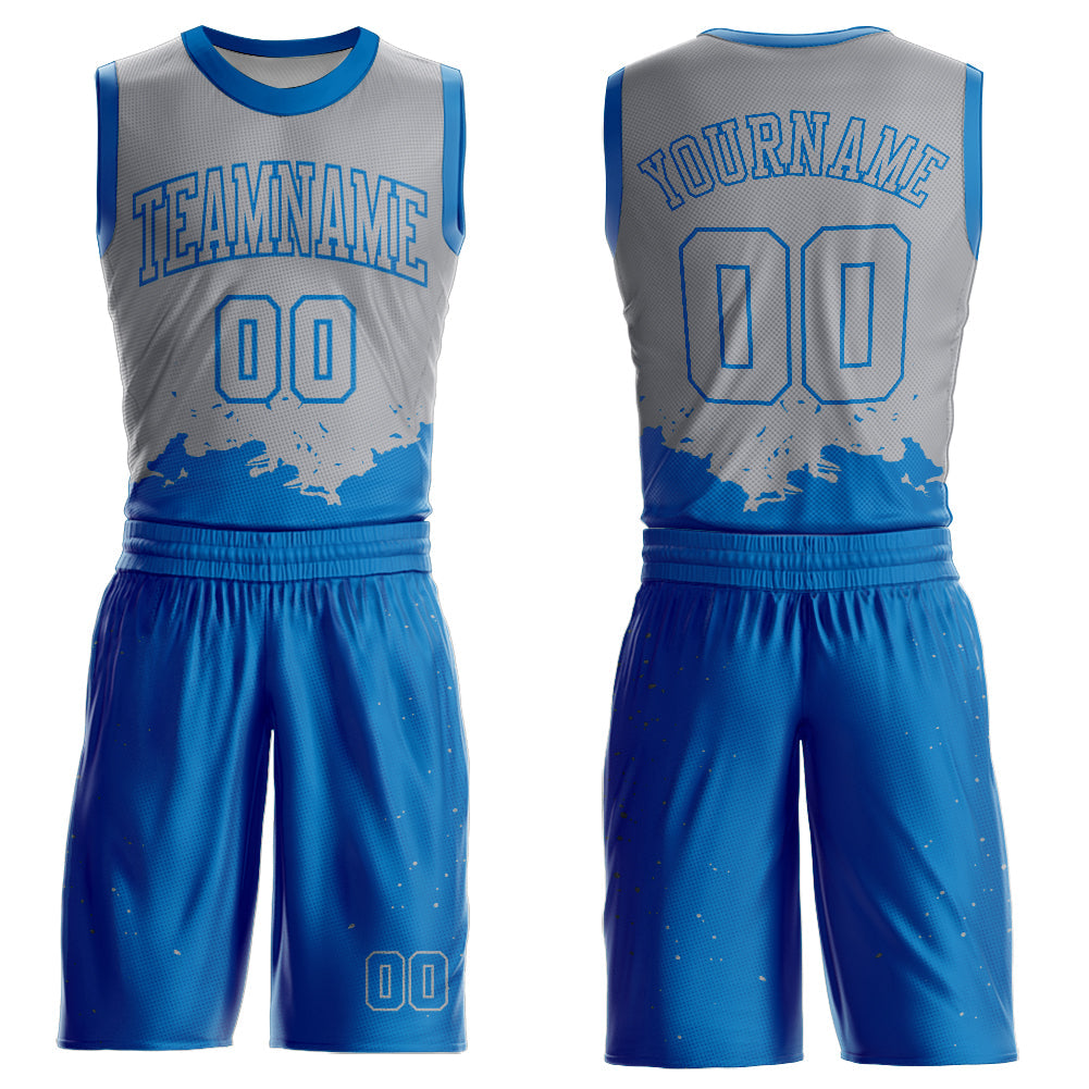 Custom Gray Blue Color Splash Round Neck Sublimation Basketball Uniform Jersey - Main View