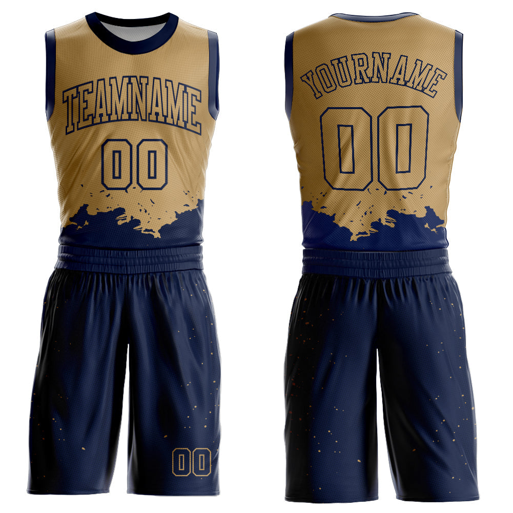 Custom Old Gold Navy Color Splash Round Neck Sublimation Basketball Uniform Jersey - Main View