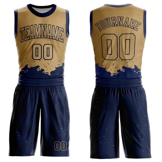 Custom Old Gold Navy Color Splash Round Neck Sublimation Basketball Uniform Jersey - Main View