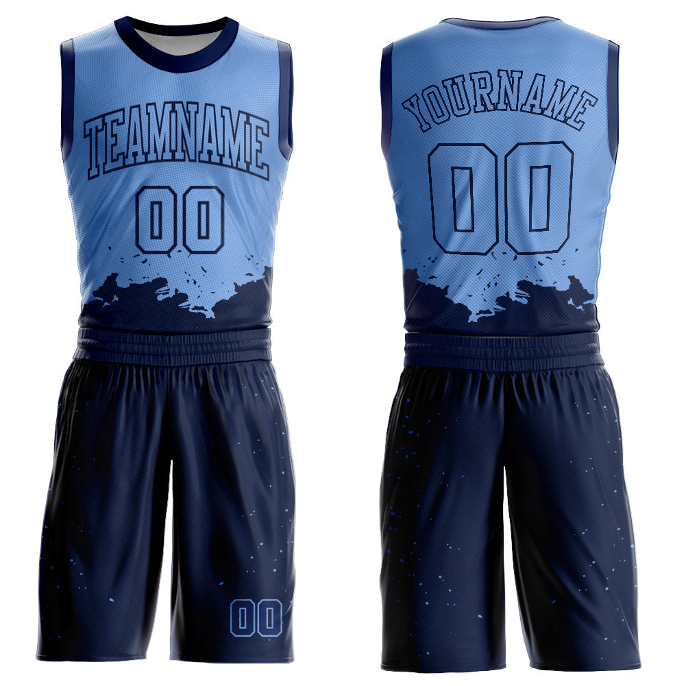 Custom Light Blue Navy Color Splash Round Neck Sublimation Basketball Uniform Jersey - Main View