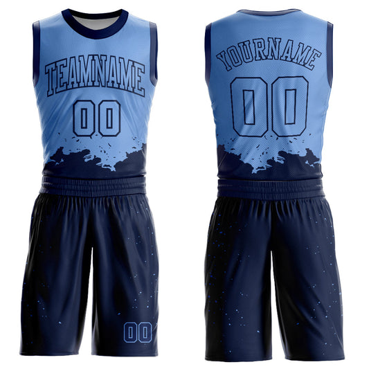 Custom Light Blue Navy Color Splash Round Neck Sublimation Basketball Uniform Jersey - Main View